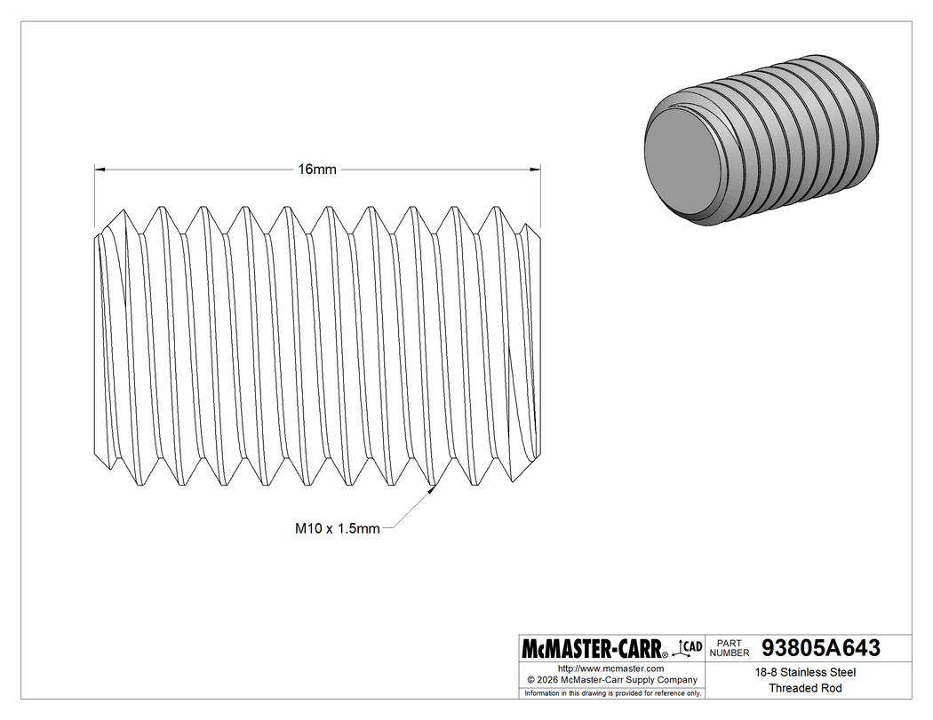 Technical Drawing of 18-8 Stainless Steel Threaded Rod, M10 x 1.5 mm Thread Size, 16 mm Long.